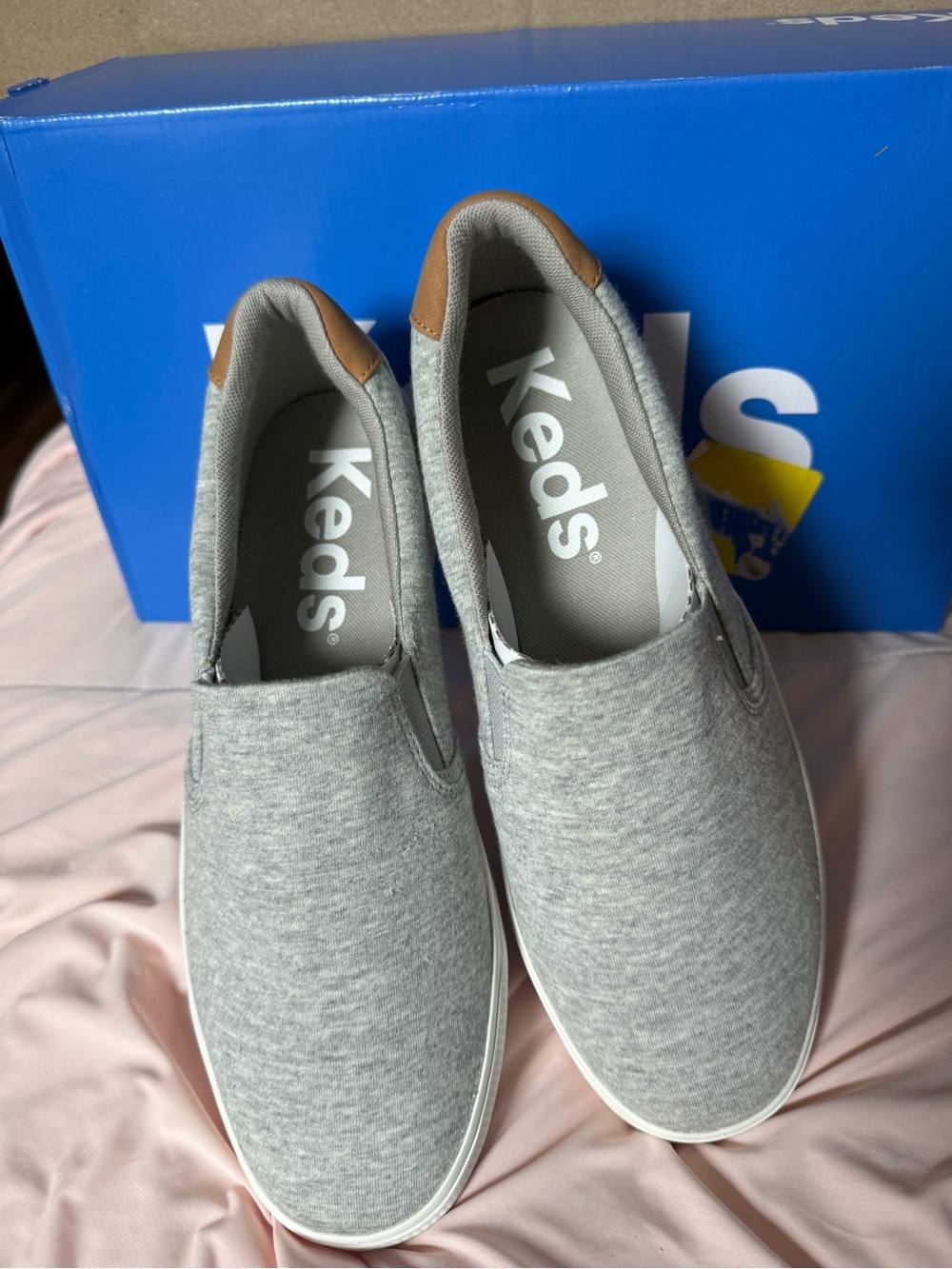Keds Slip-On Sneakers in Heather Gray with Tan Heel Tab